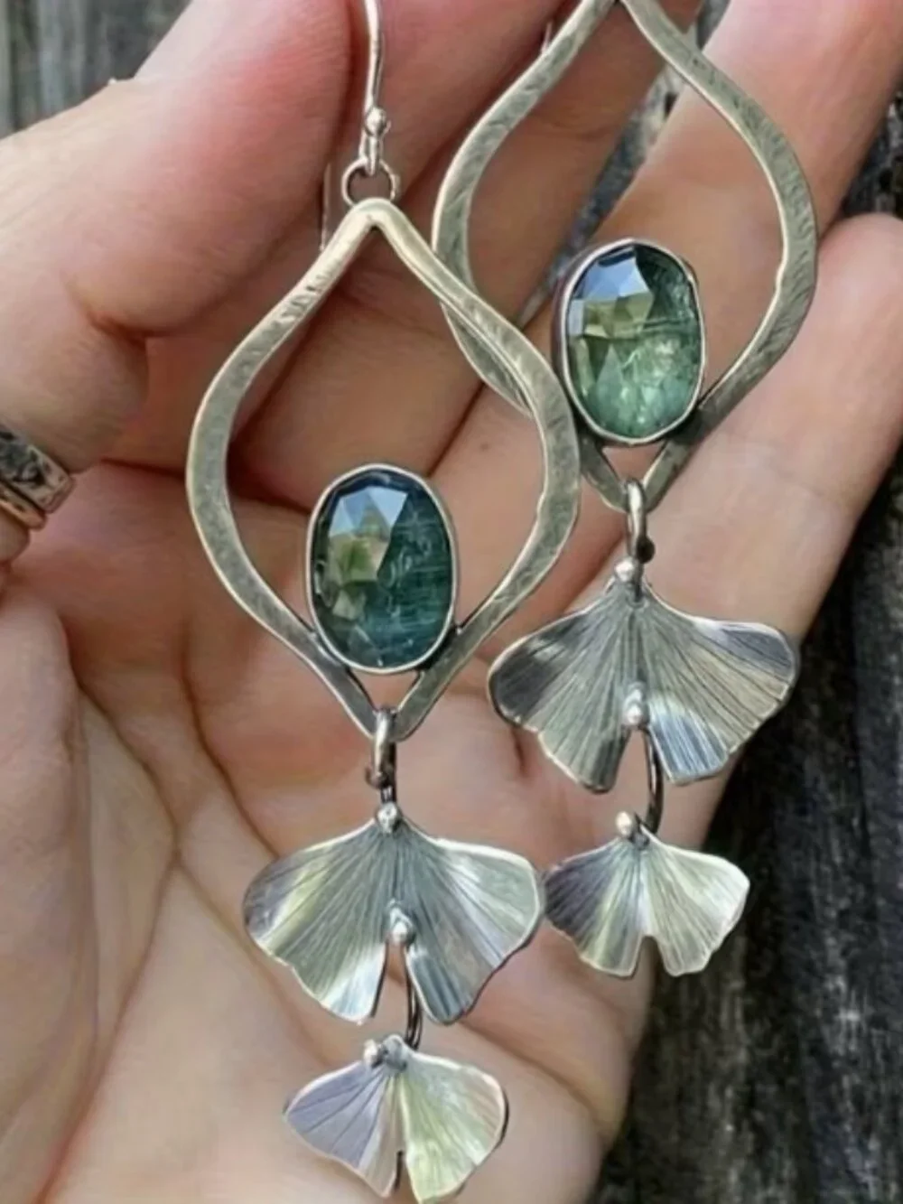 Water Drop Ginkgo Leaf Alloy Long Pendant Earrings Resin Gemstone